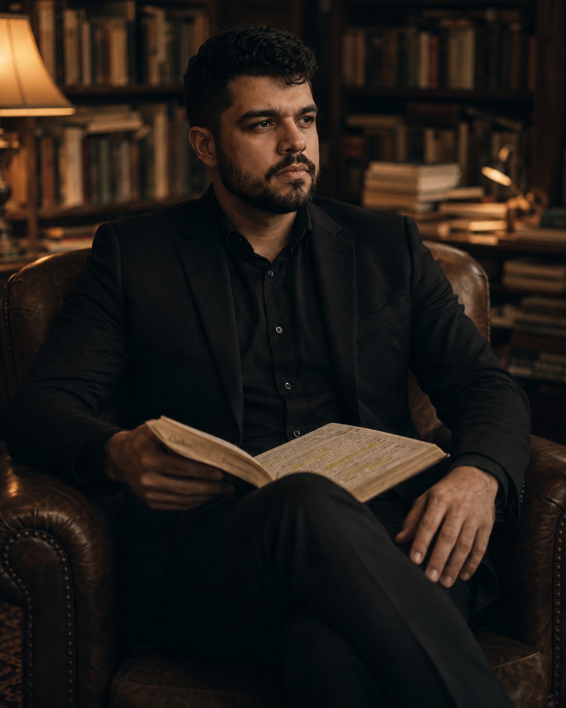 Douglas Riccardo lendo em sua biblioteca